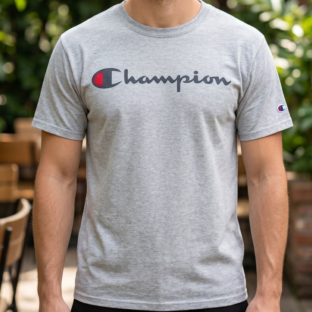 Champion Authentic Athleticwear Mens Heather Gray Script Logo T-Shirt Crewneck